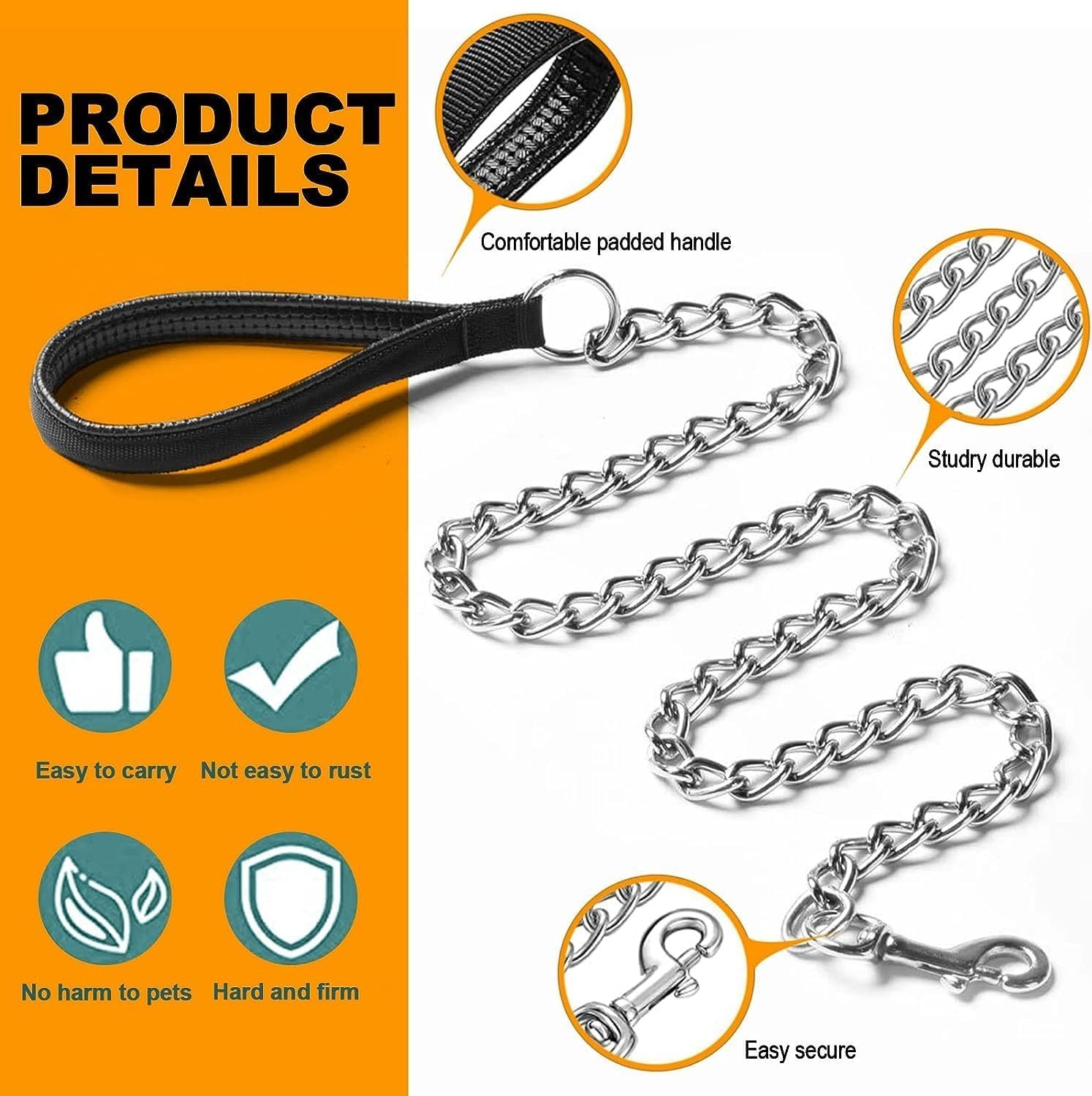 Heavy-Duty Steel Dog Leash, Soft Padded Handle